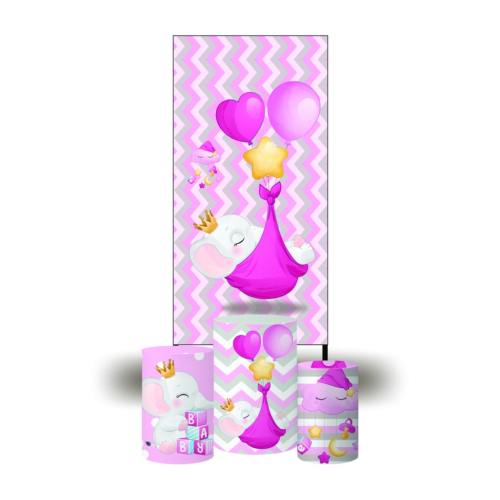 Kit Painel Lateral Retangular Sublimado Em Tecido + Trio Capas Cilindro Elefantinha Rosa