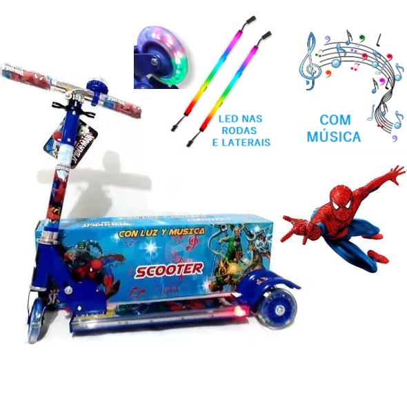 Patinete Infantil Musical de Ferro Azul Menino Homem Aranha Com Led nas Laterais e Nas Rodas Dobrável Buzina + Surpresa