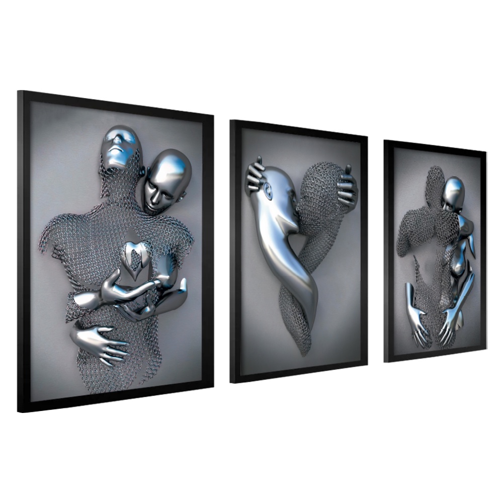 Quadro Decorativo Sala Moderno Com Moldura Figura Casal Metal Prata Beijando Abstrato