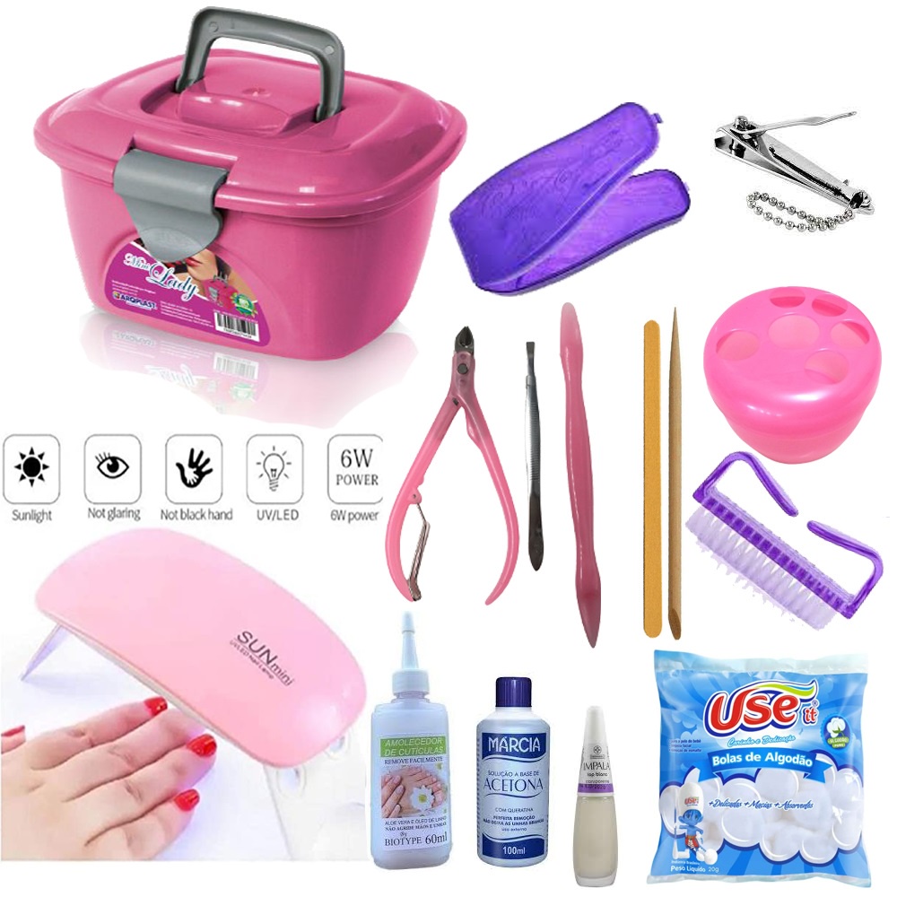 KIT 19 em 1 Manicure Completo Mini Maleta Lady box Rosa mini máquina de secador de unhas portátil 6 led uv