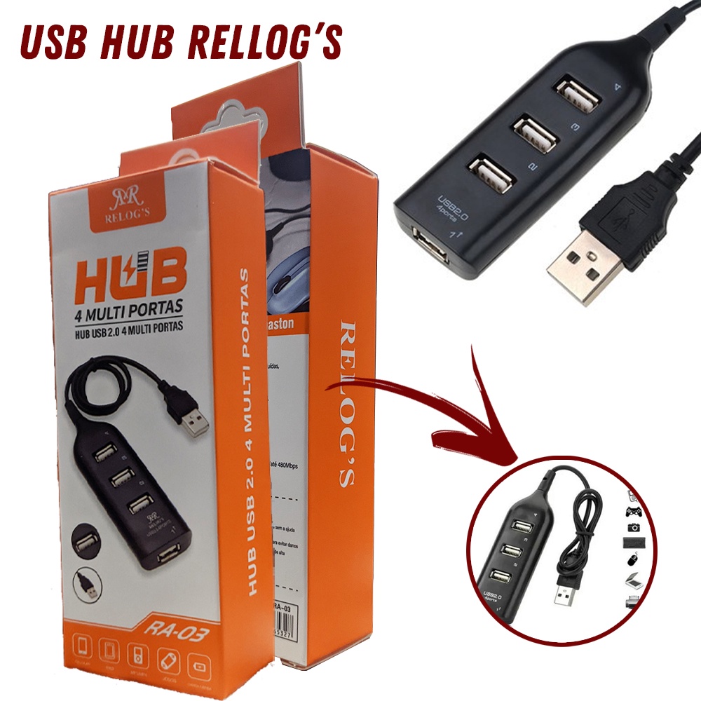 Hub Usb 2.0 4 Portas USB Cabo 0,5m Saída USB Relog’s RA-03 Preto Ótima Qualidade