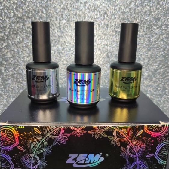 Top Coat Com Glitter Para Unhas 15ML - Zem/silver glitter top/ Laser/Gold.