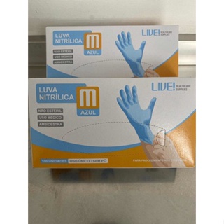 Luva Nitrilica Azul Sem Pó LIVE Tamanho (M) caixa com 100 unidades em Oferta na Shopee