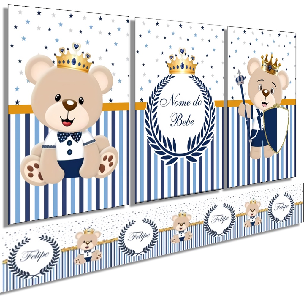 Kit Quadros Decorativos + 3 Faixas Adesivas de Parede Urso Principe Personalizado Nome Inf...