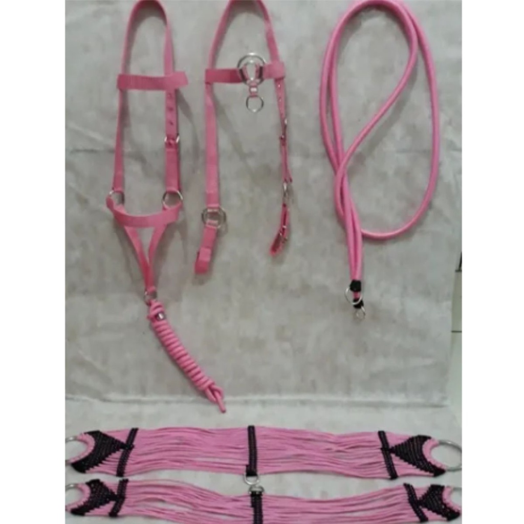 Kit Barrigueira Cilha Cabresto Cabeçada Redea Rosa Para Animais