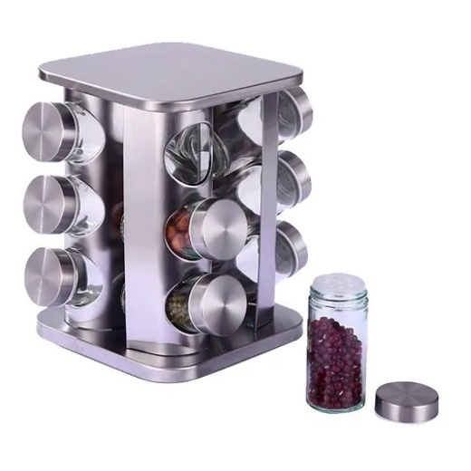 Porta Tempero Condimento Inox Qd 12 Potes + Suporte Giratório
