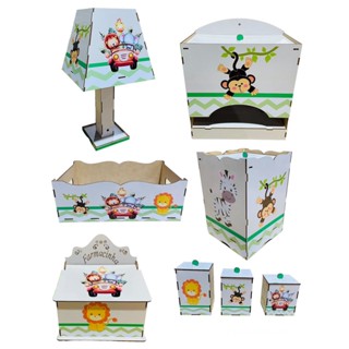 Kit Bebe Higiene Madeira Mdf Adesivado 8 Pçs Safári Desmontado