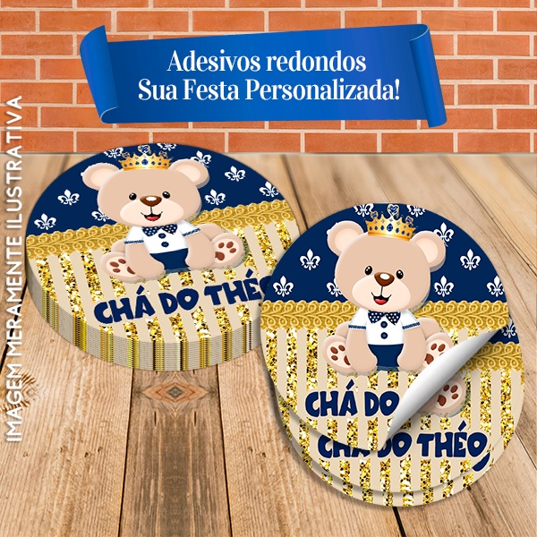 Adesivos Redondos Personalizados  Chá de bebê Ursinho Príncipe Azul Marinho