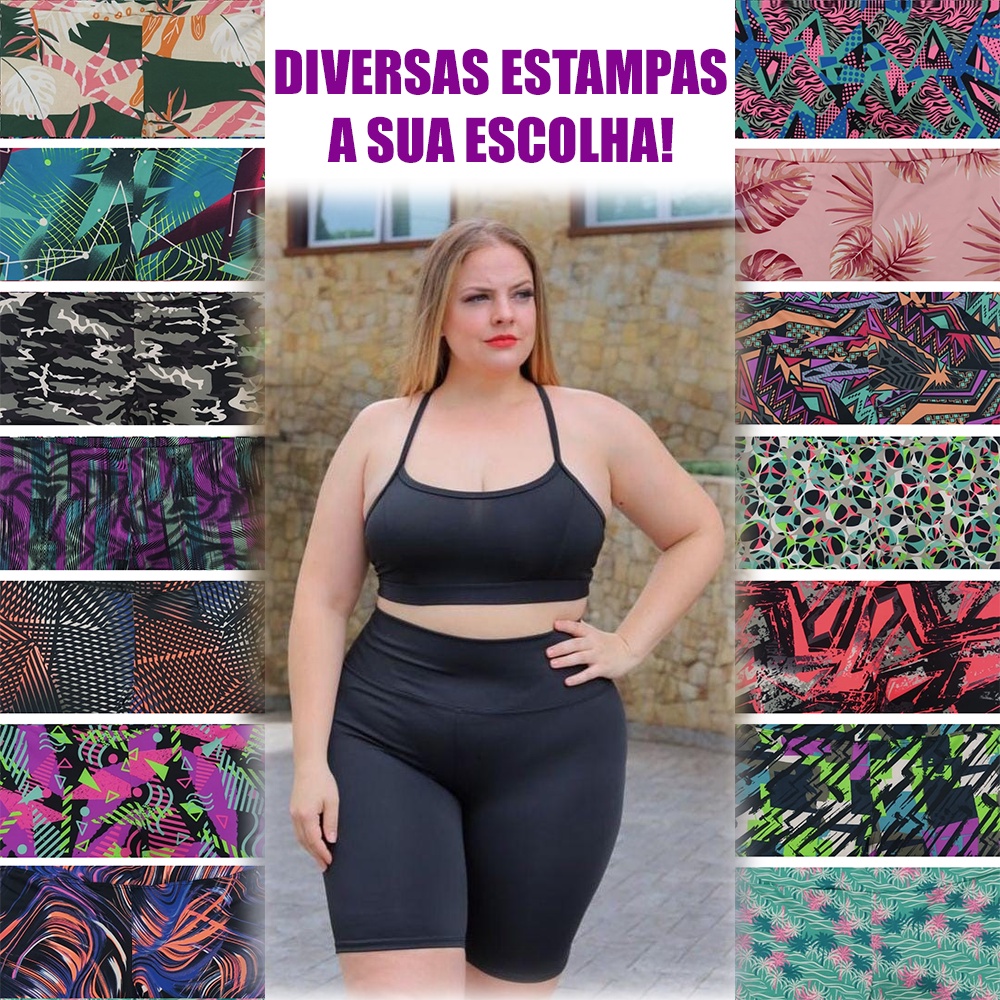 Bermuda Legging Ciclista Feminina Suplex Cintura Alta Fitness Academia Ginástica e Lazer - Plus Size - Varias Estampas