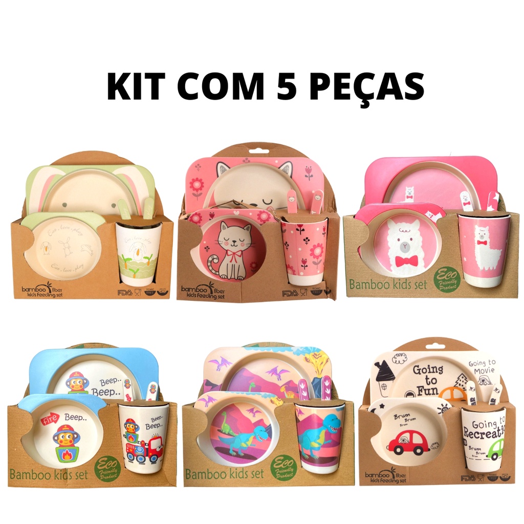 Kit 5 Peças Alimentação Infantil Em Fibra De Bambu Prato Garfo Colher e Copo