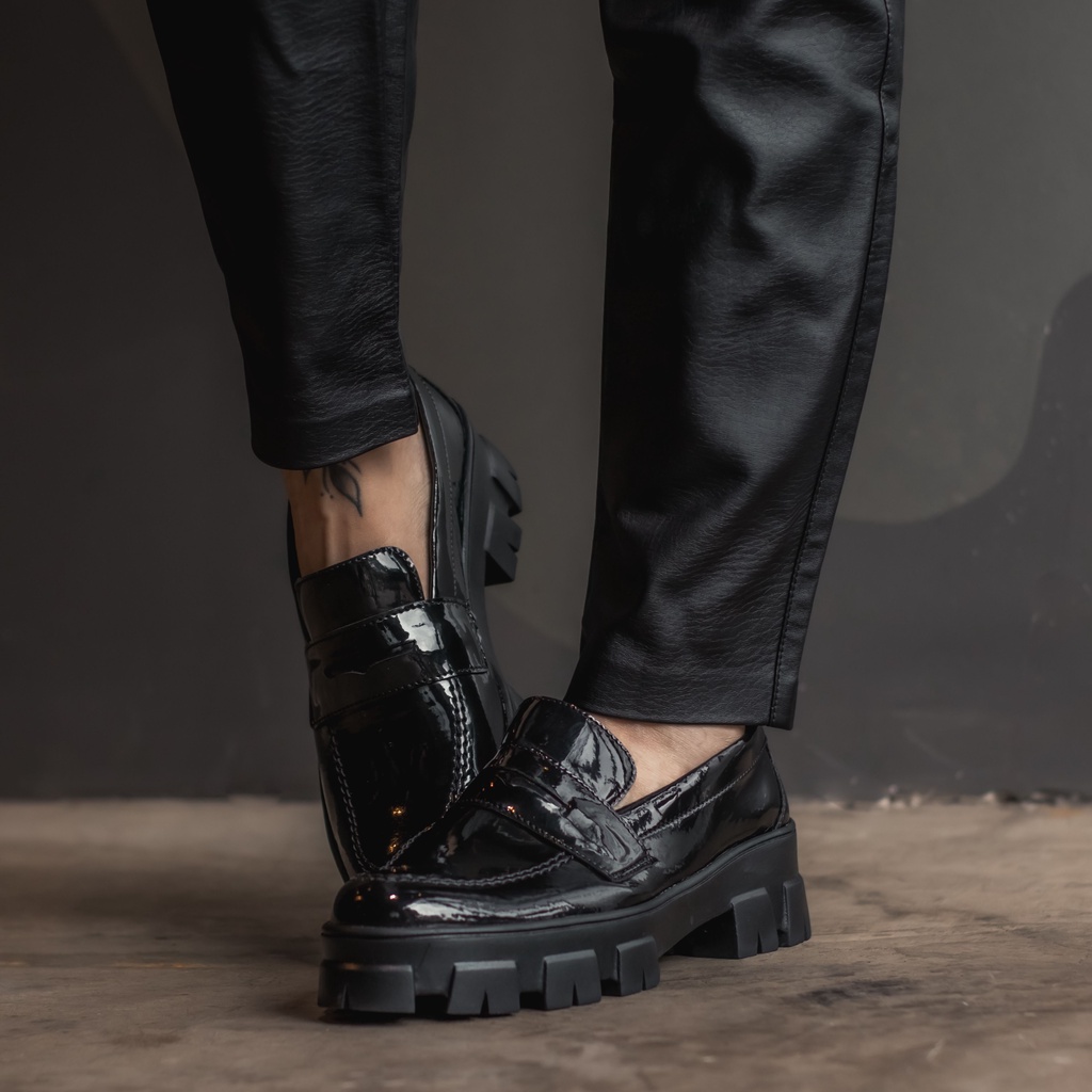 Mocassim Tratorado Plataforma Verniz Preto Sapato Oxford Feminino Confortável Moda Blogueira