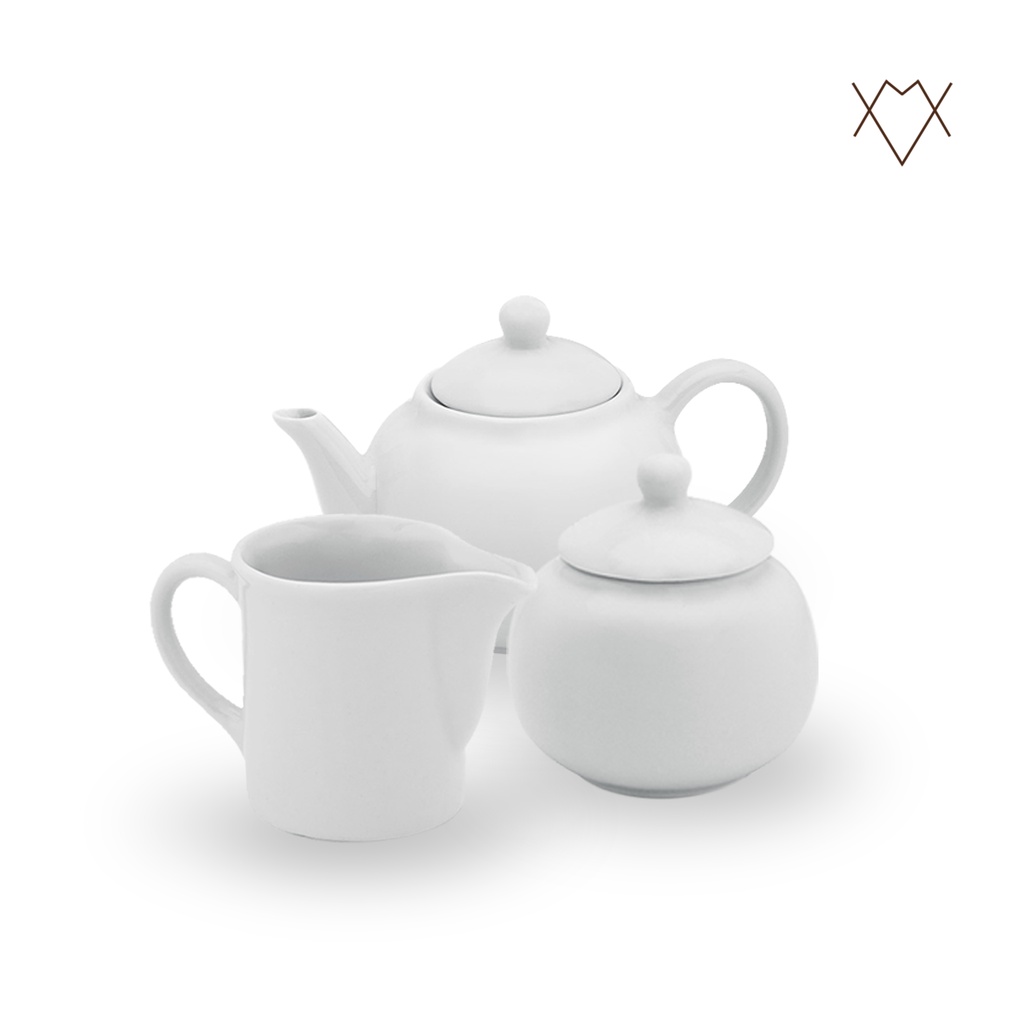 Kit Café Chá com Bule 500ml Leiteira 350ml e Açucareiro 350ml Porcelana Branca Louça