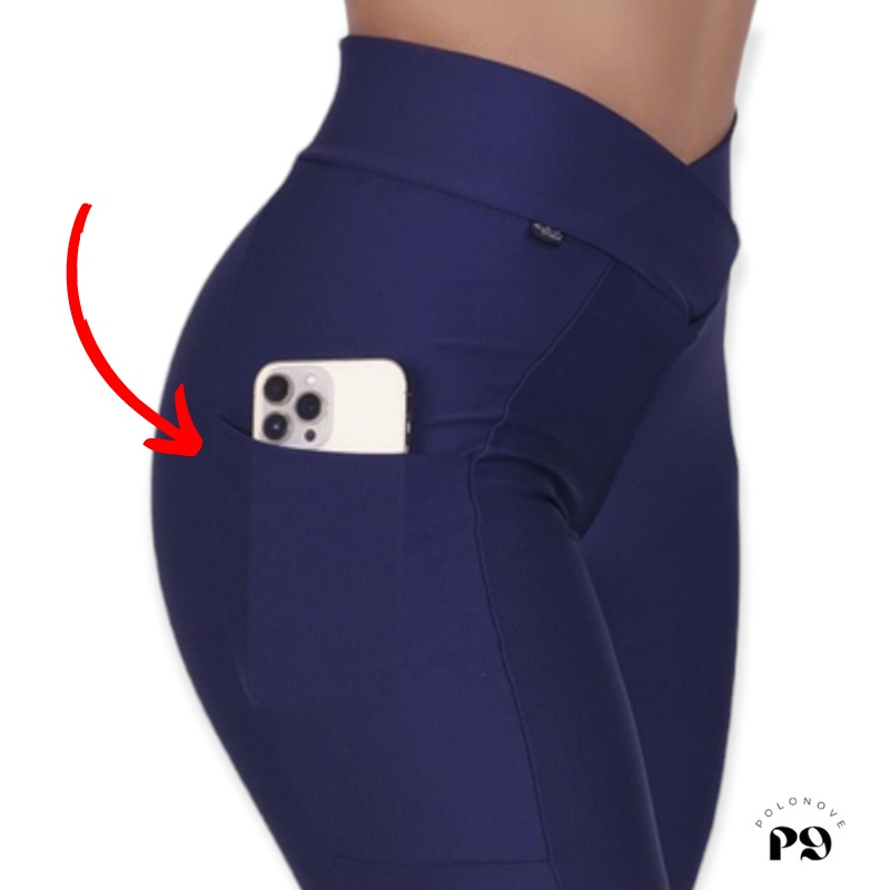 Calça legging fitness montaria com bolso e cós largo mescla cinza