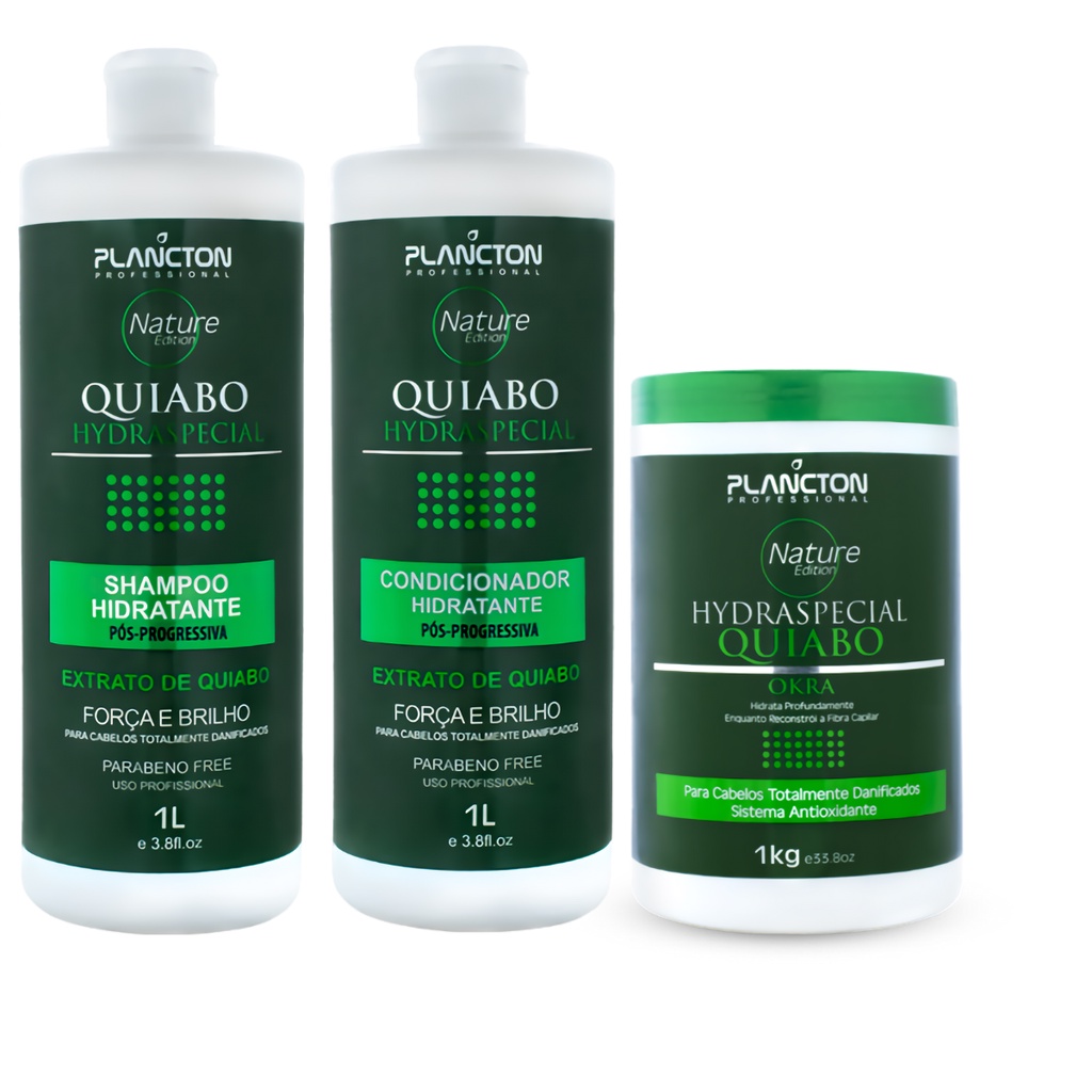 Plancton Kit Quiabo Hidratação Máscara Fortalecimento Antiqueda Shampoo Condicionador Reconstrução Transição Capilar Blindagem Cauterização Cabelo Elástico Poroso Danificado Ressecado