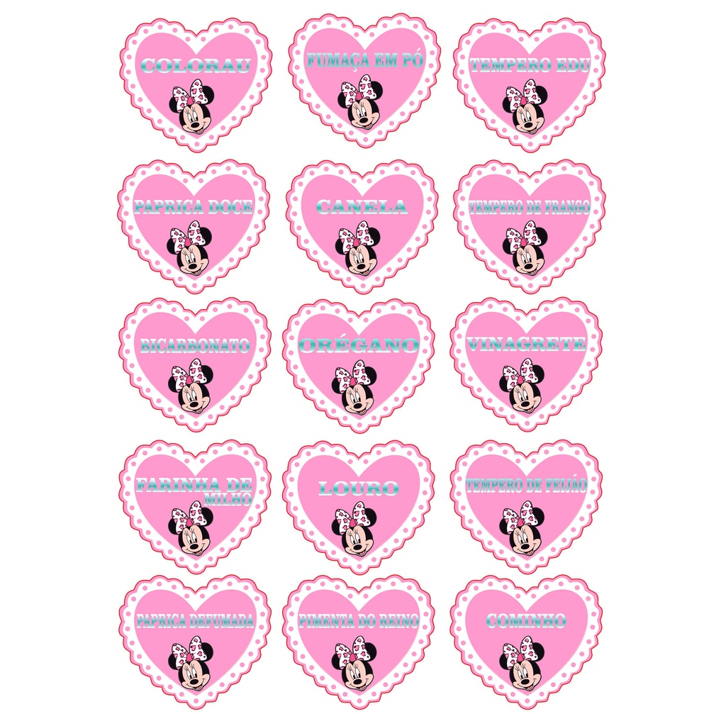 Adesivo Minnie para pote de Mantimentos Cartela com 15 etiquetas Md:6x5 Temos á Pronta Entrega Chega Rapidinho IMPERDÍVEL