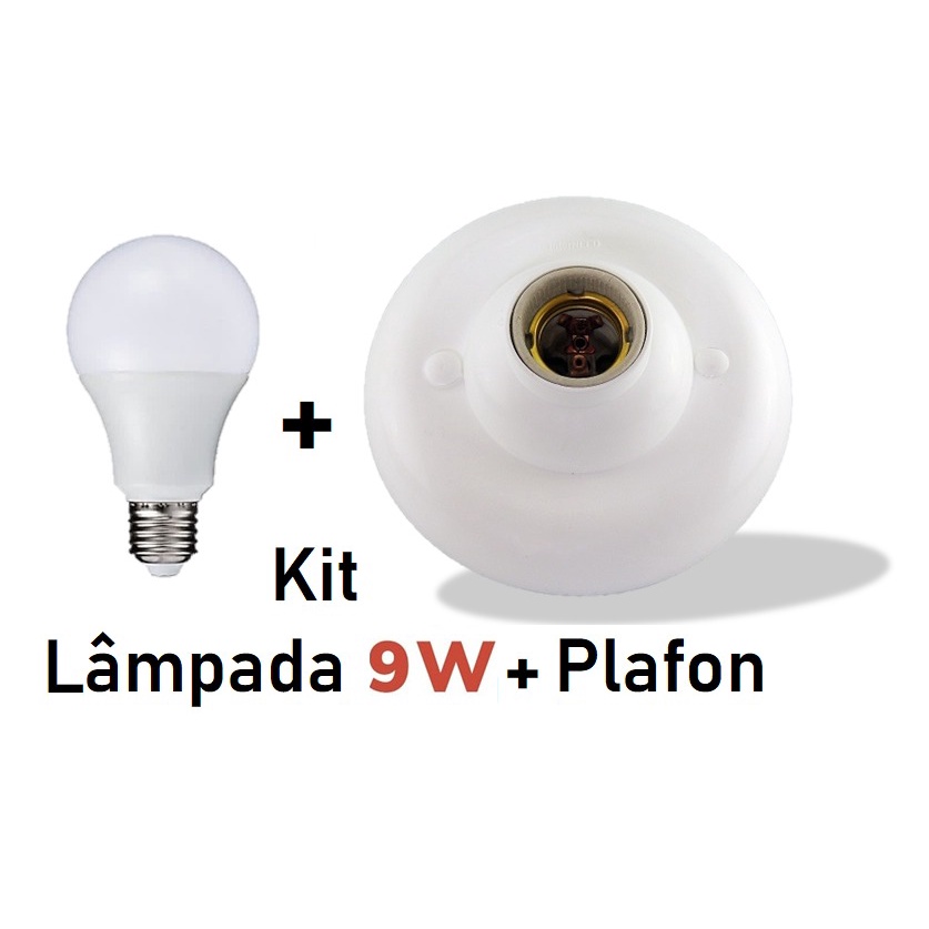 Plafon Branco p/ 1 Lâmpada Soquete E-27 de Porcelana + Lâmpada Bulbo Led 9W 6500k Branco Frio Sala Cozinha Banheiro Copa