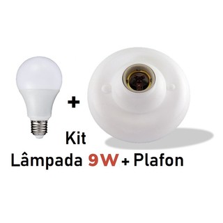 Plafon Branco p/ 1 Lâmpada Soquete E-27 de Porcelana + Lâmpada Bulbo Led 9W 6500k Branco Frio Sala Cozinha Banheiro Copa