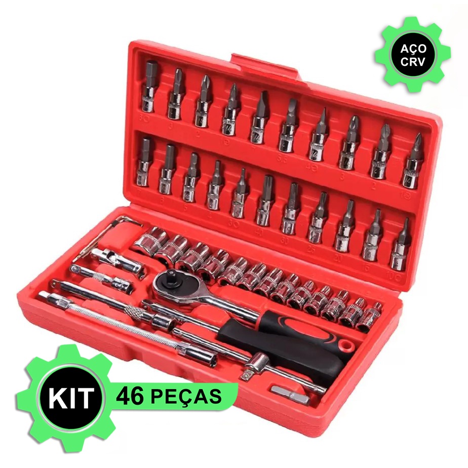 Kit Chaves Jogo Catraca Reversível Soquetes 46 Peças + Maleta