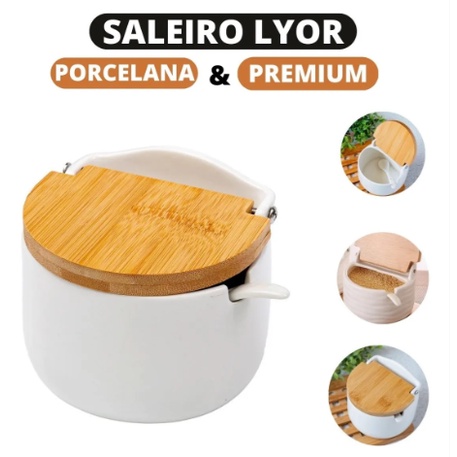 Saleiro De Porcelana Com Colher E Tampa De Bambu Lyor