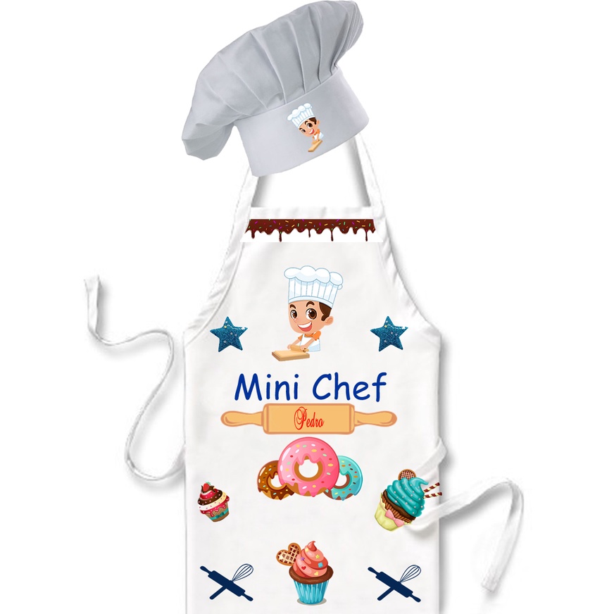 Kit Mini Avental+Touca de chef+Nome Personalizado