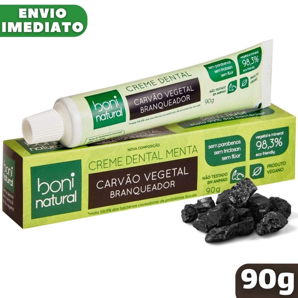 Creme Dental Clareador Carvão Vegetal e Menta 90g - Boni Natural