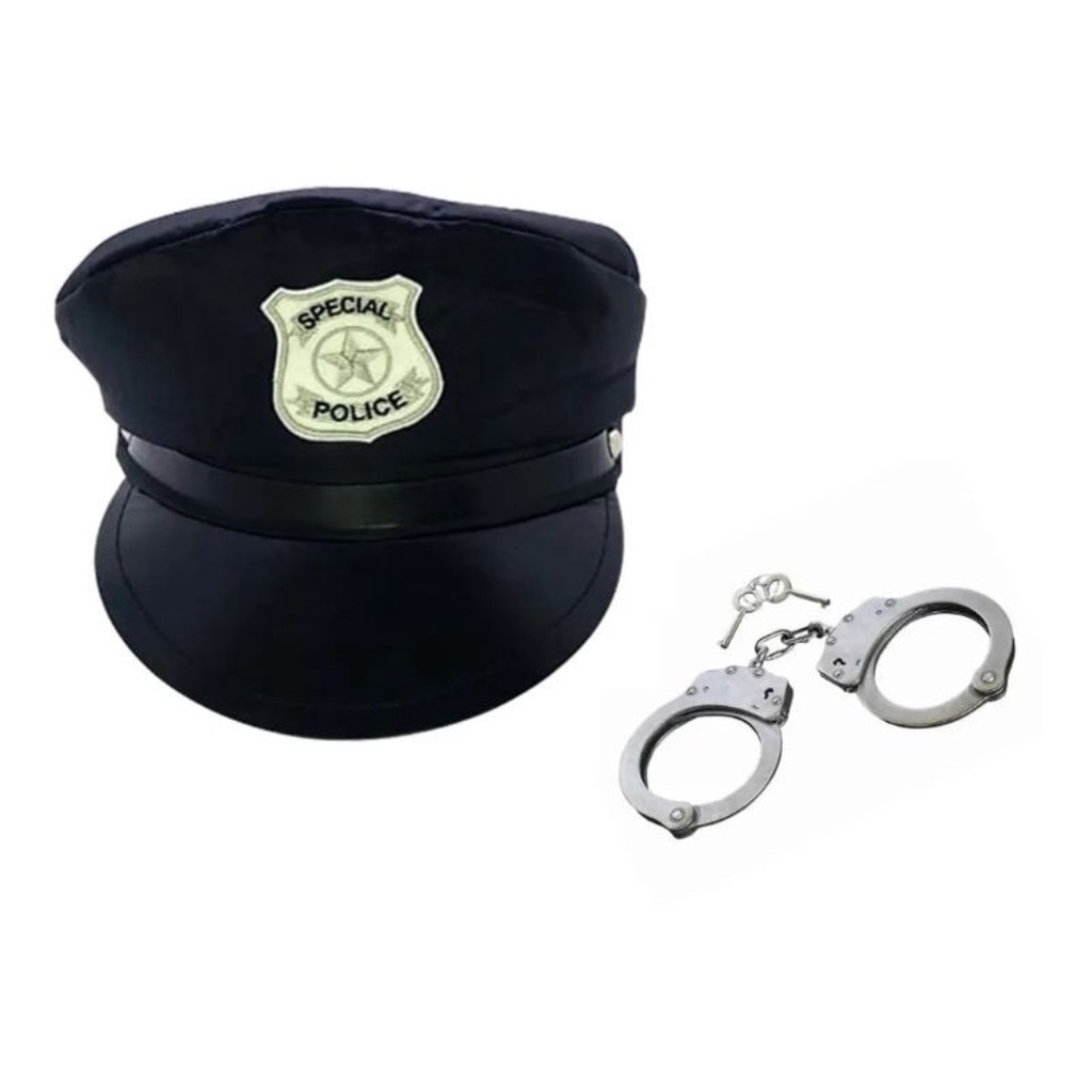 Kit Chapéu Policial E Algema Quepe Boina Fantasia Festa Cosplay