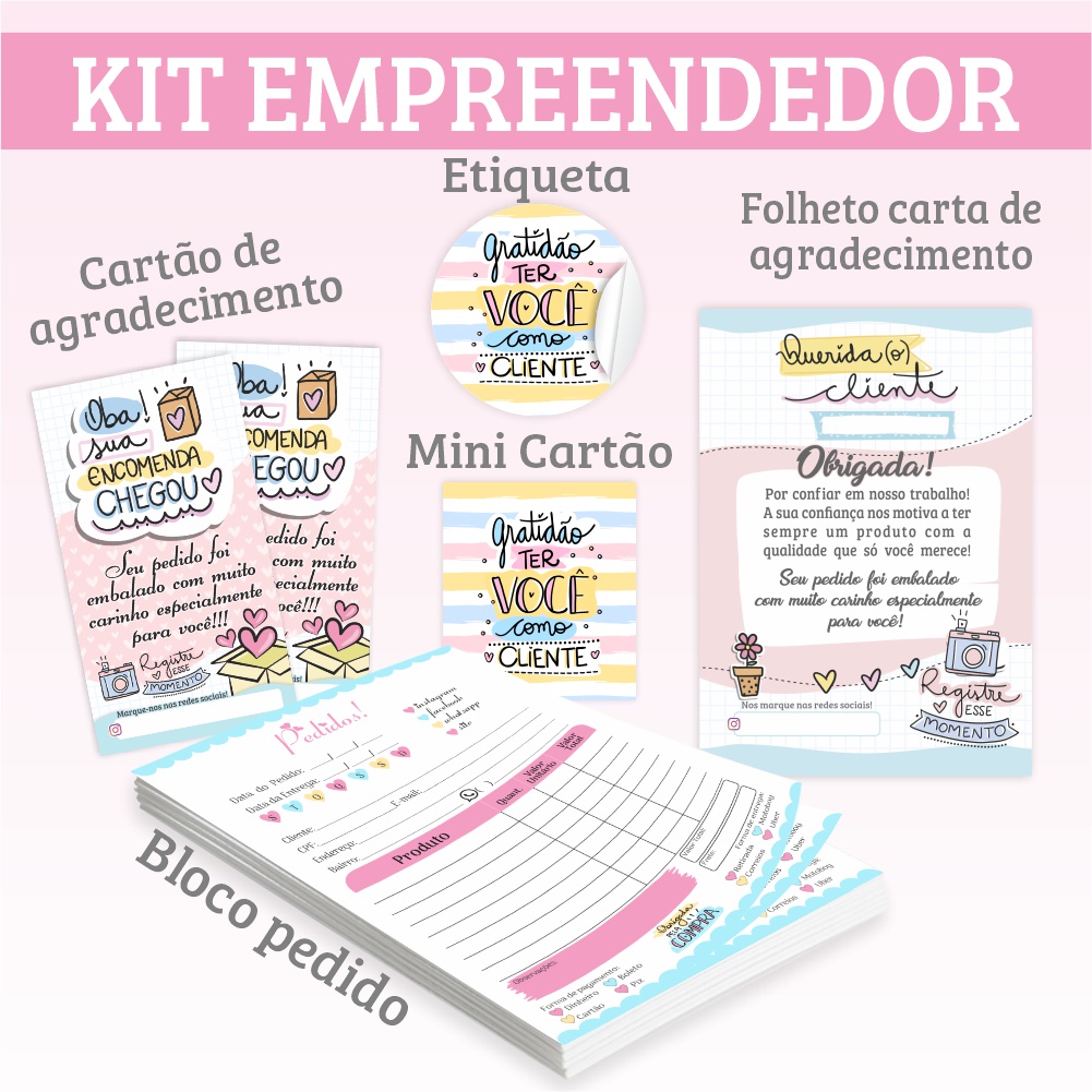 Kit Empreendedor -  Agradecimento ao Cliente - Combo Bloco cartão folheto adesivo