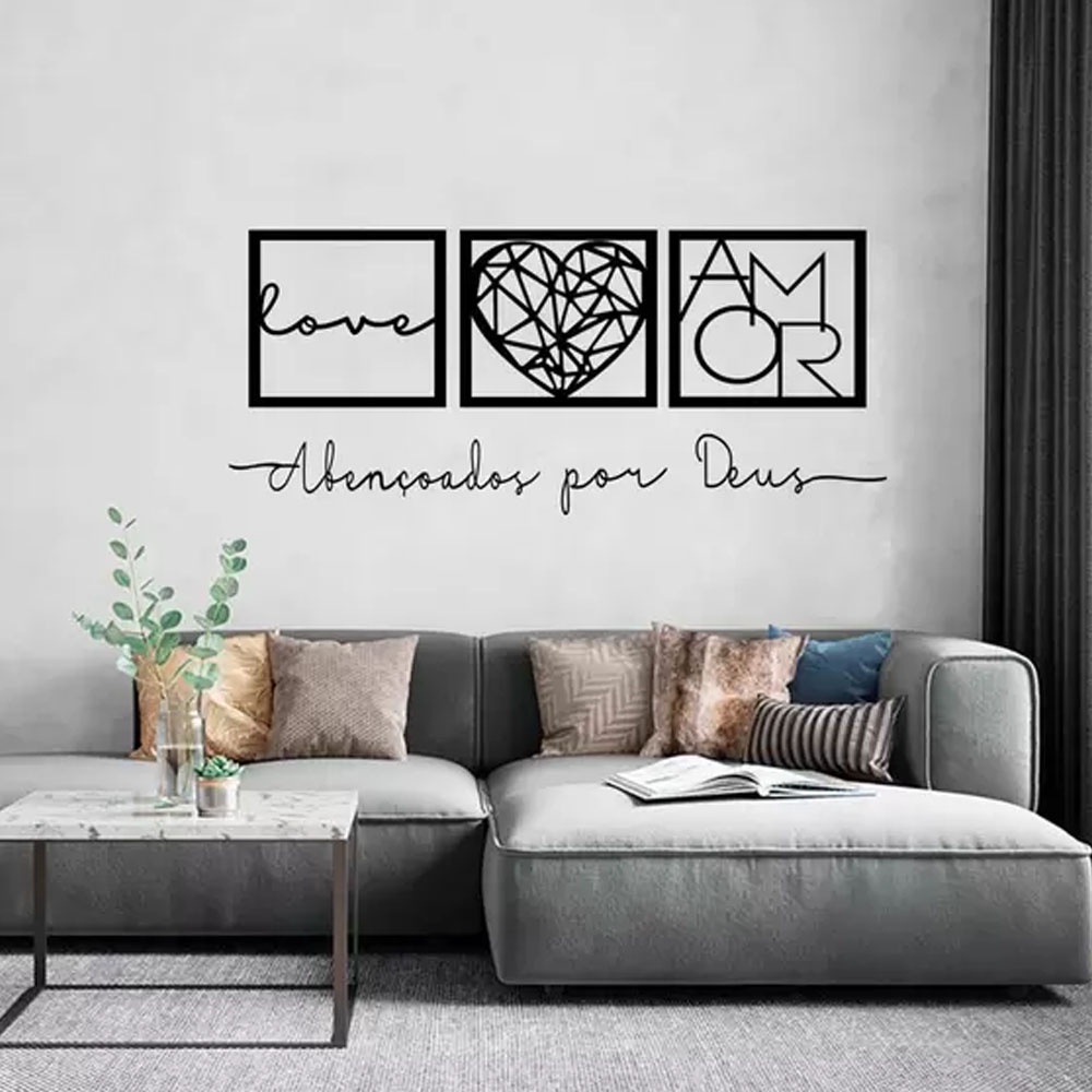 KIT 3 Quadros Love e Coração Geométrico Amor + Frase de Parede em MDF Preto C/Dupla Face