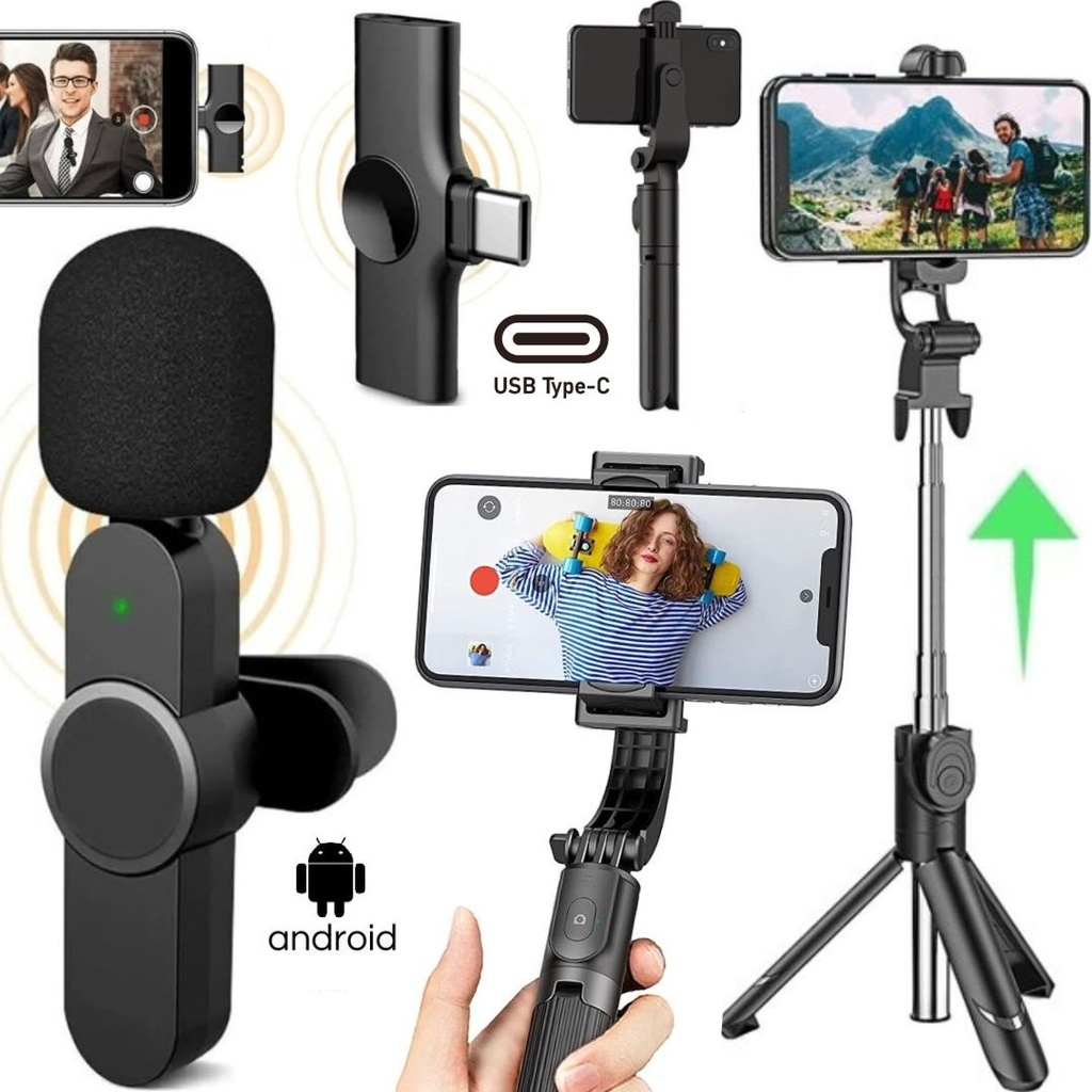 Microfone Lapela Sem Fio Profissional Tipo C Bastão Tripé Suporte para Celular Filmagem