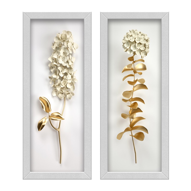 Kit 2 Quadros Lavabo Dourado De Flor Branco Ramo