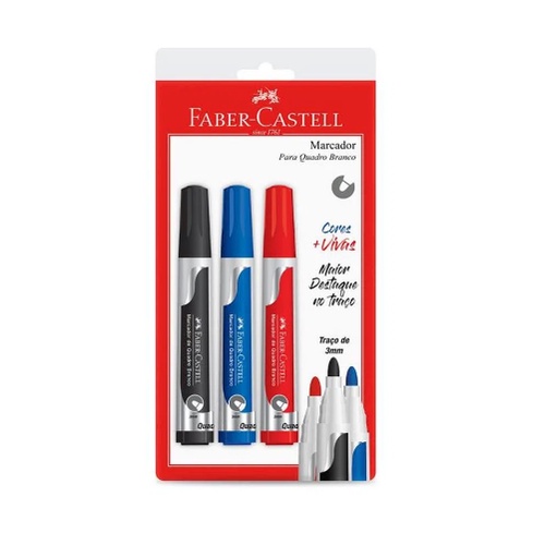 Pincel Para Quadro Branco 3 Cores Azul/Vermelho/Preto Faber Castell - 1 Estojo Com 3 Cores Caneta Quadro Branco
