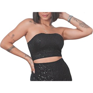 Cropped Feminino Tomara Que Caia Em Paetê Brilho Luxuoso Moda Blogueira