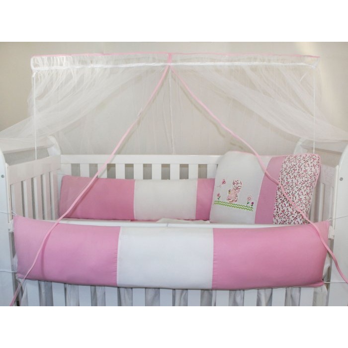 Kit Protetor de Berço Kids com Mosquiteiro Comum 7 peças Camponesa Rosa