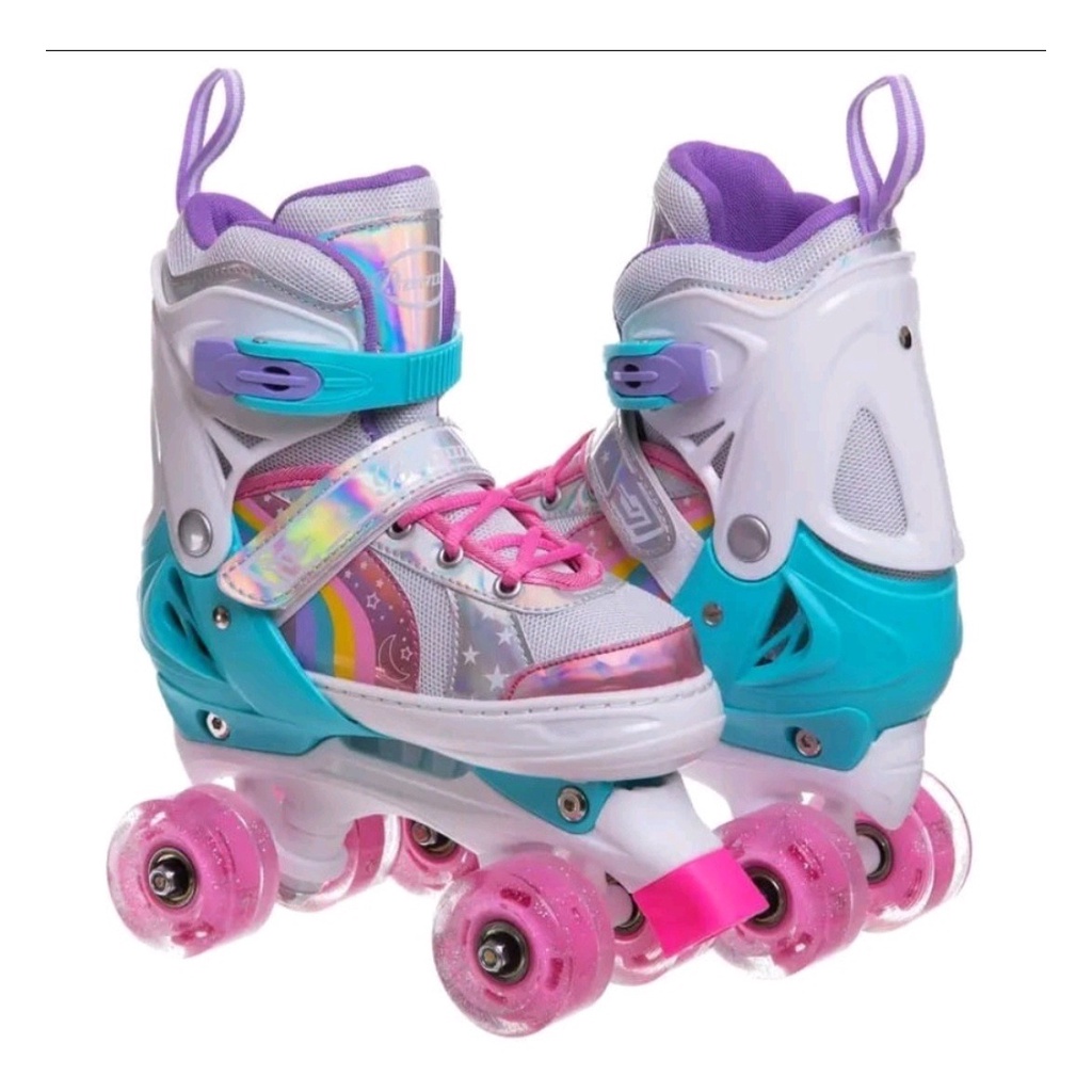 Patins 4 Rodas Lançamento Arco Íris Com Luz De Led/Glitter