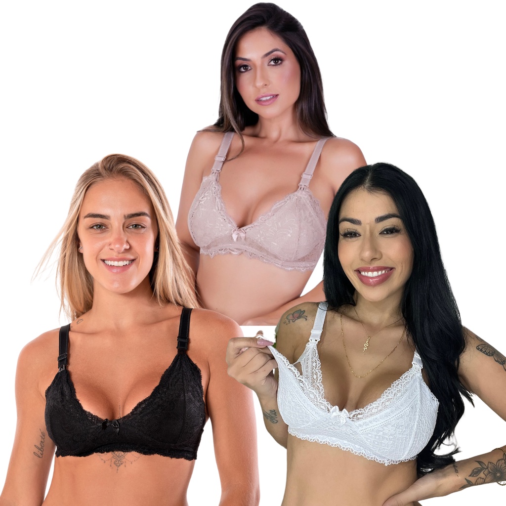 KIT 3 Sutiã de Amamentação Renda Reforçado Gestante Pós Parto em Oferta na Shopee
