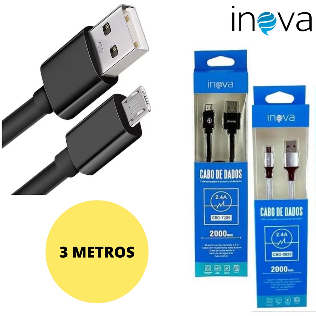 Cabo V8 3 METROS Turbo J2 Prime J4 J5 Prime J6 J7 Prime J7 Pro A10S A10 Cabo Micro Usb 3 METROS Cabo Inova V8 em Oferta na Shopee