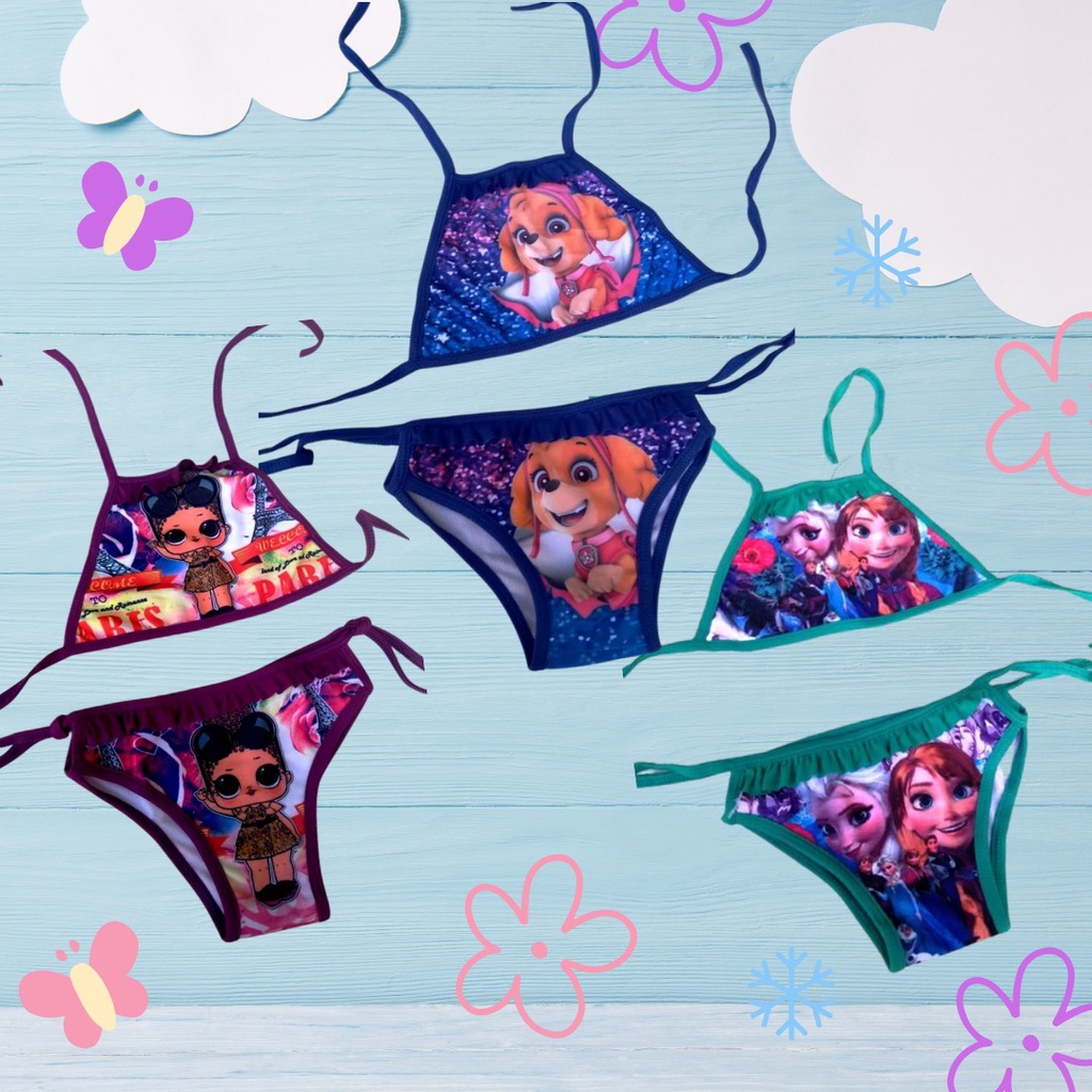 Kit 3 Biquinis ou Maiô Biquini Infantil Bebe Menina Linda Personagens Praia Verão Promoção