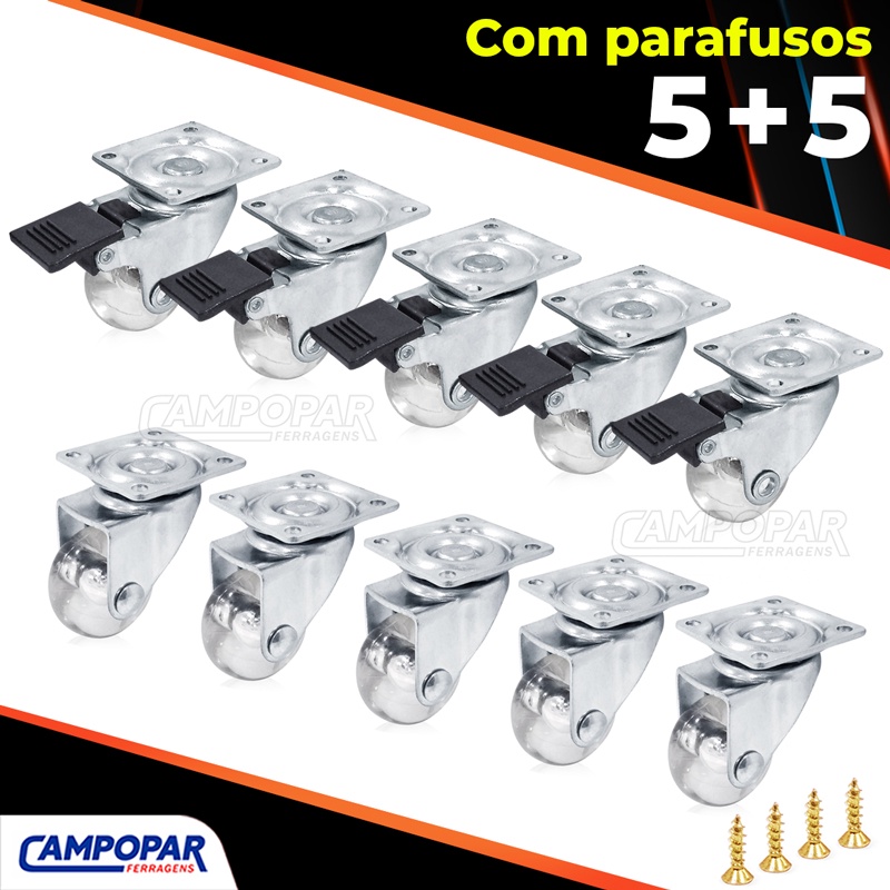 Kit 10 Rodízios Rodinhas de Silicone Para Móveis 35mm 5 Com Trava e 5 Sem Trava