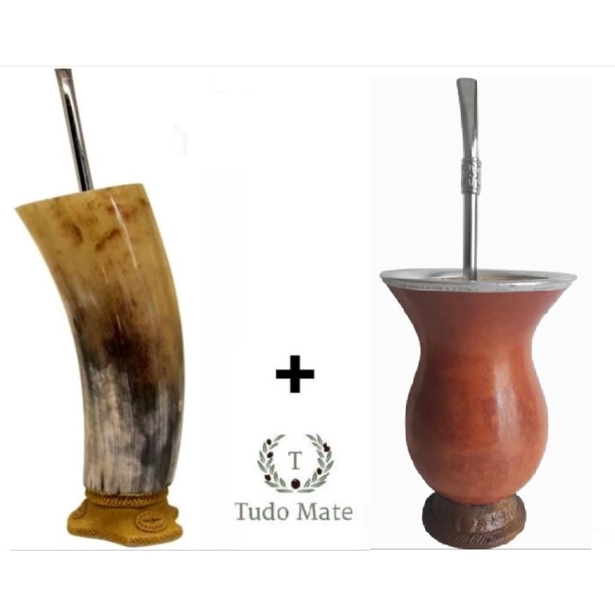Cuia Para Chimarrão Simples com Bomba + Cuia Guampa Chifre Natural de Boi com Bomba