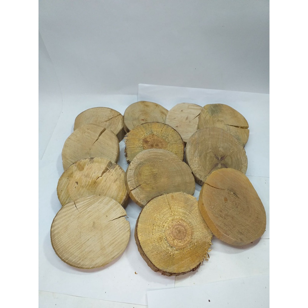 Kit 50 Bolacha de 6 a 9 cm em Madeira Natural Rústica RACHADA e CHANFRADA Para Artesanato