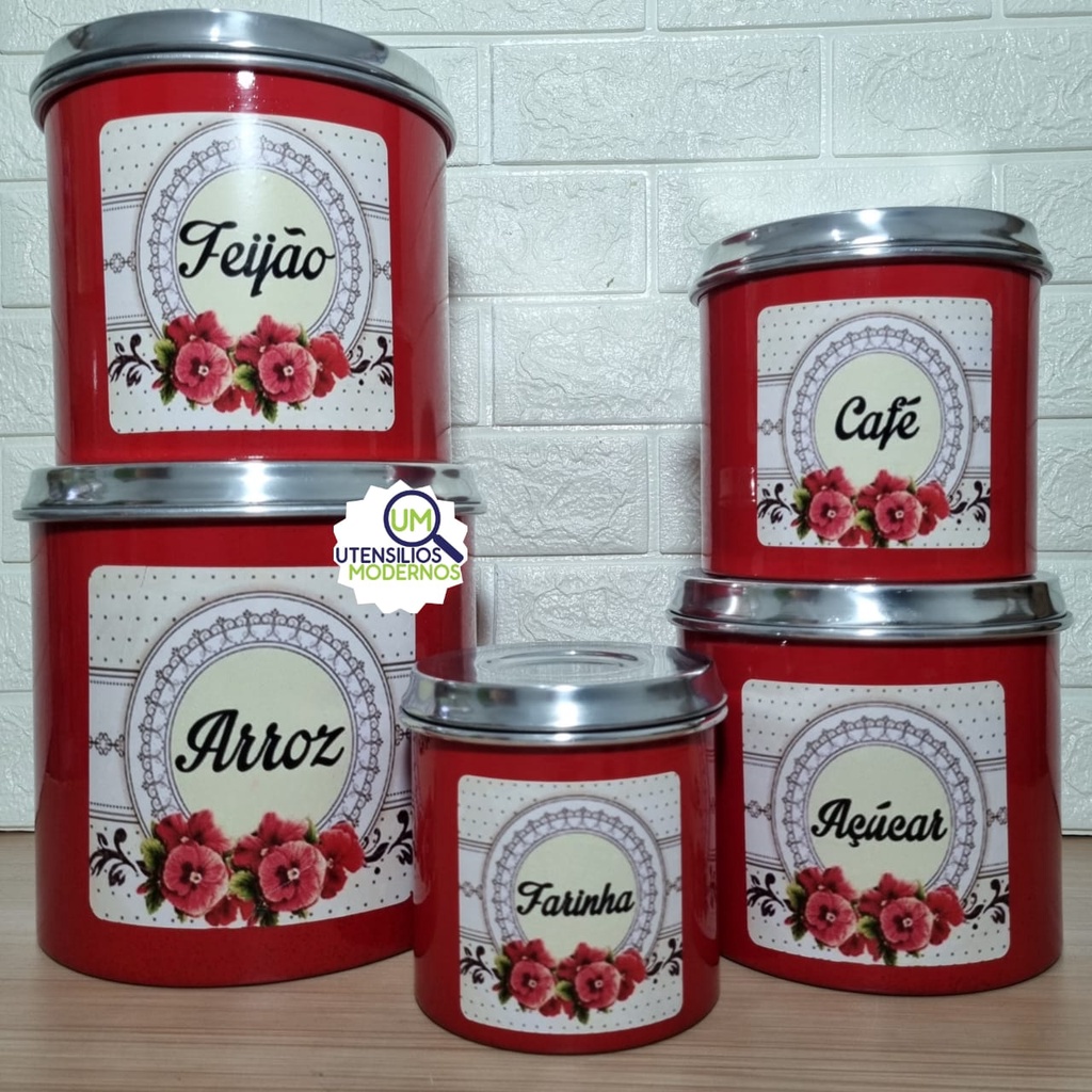 Jogo de Latas Porta Mantimentos Decorado Alumínio 5 Peças Vermelho Várias Estampas