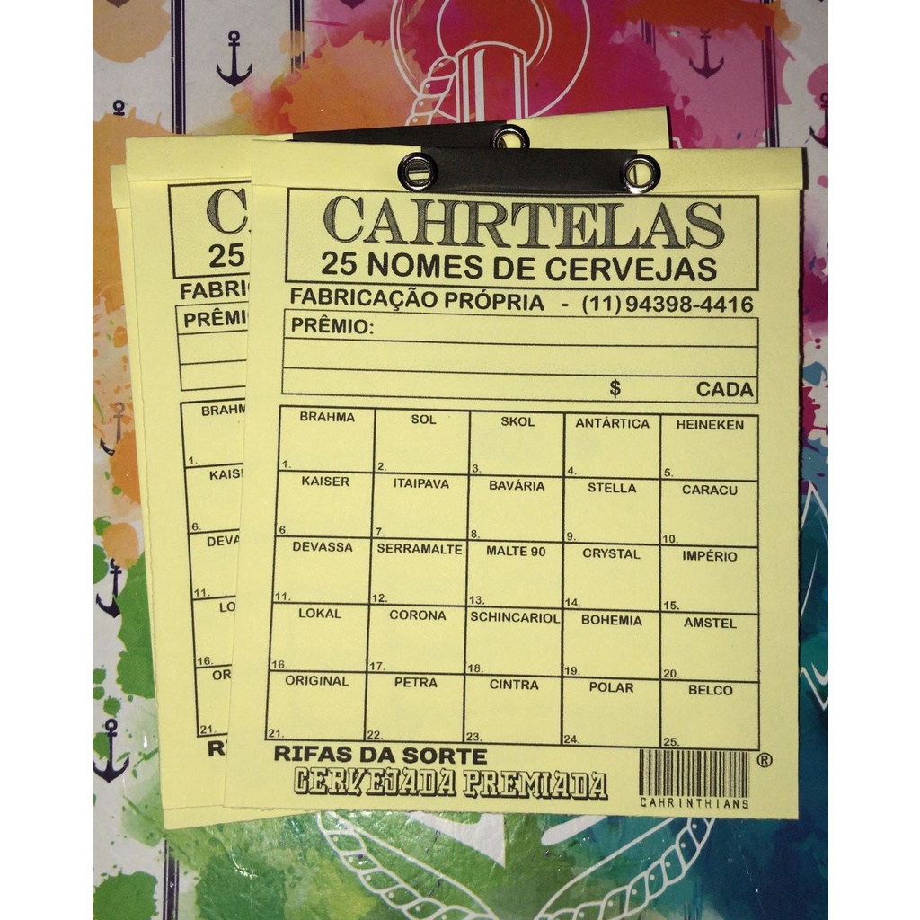 CARTELA DE RIFA 25 NOMES DE CERV. PCT COM 10 UNIDADES