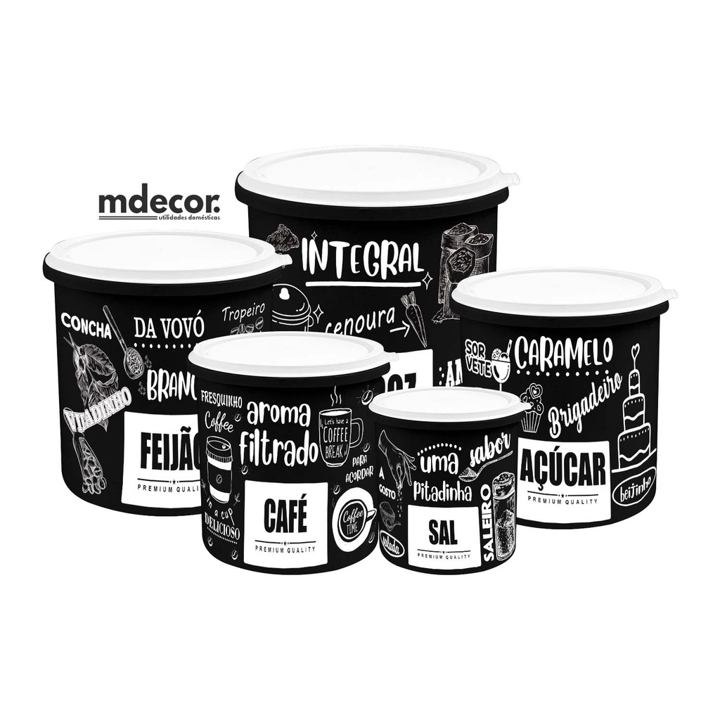 Kit 5 Potes de Mantimentos Plástico Decorado Preto PB Frases