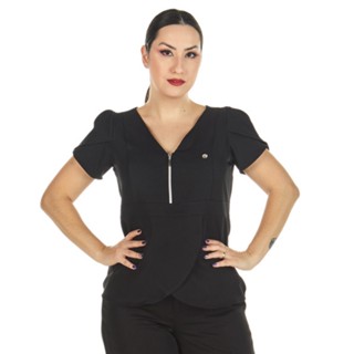 Blusa Scrub Feminino Transpassada Decote Zíper Com Manga Curta Preto Uniforme Casual Profissional Esteticista Salão de Beleza Clínica Consultório