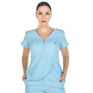 Blusa Scrub Feminino Transpassada Decote Zíper Com Manga Curta Azul Bebê Secretária Clínica Consultório Casual Profissional Uniforme Esteticista em Oferta na Shopee