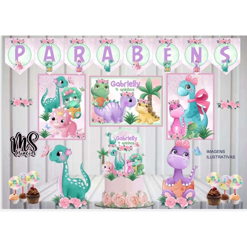 Kit Festa Dinossauro Bebe Rosa Personalizado Só um Bolinho | Mesversário Aniversário | 40 itens | Decoração