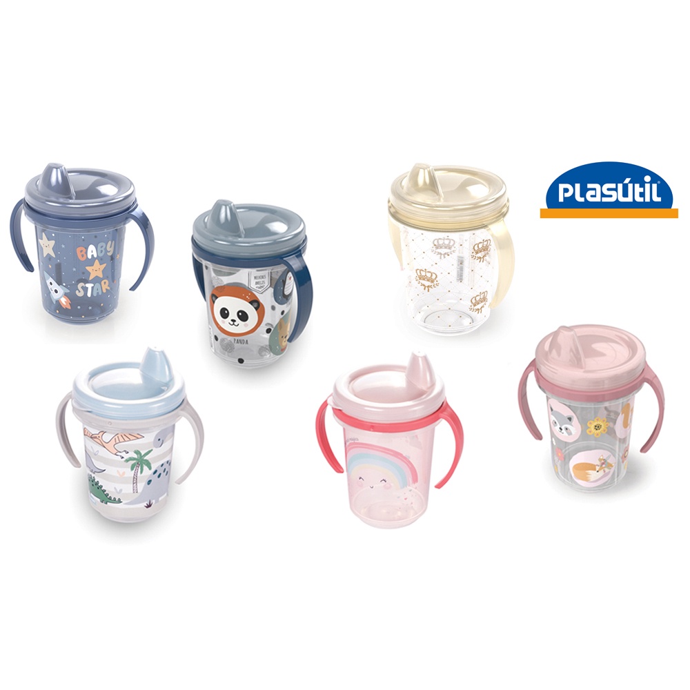 Copo Decorado Infantil de Transição Com Alça Removível Estampa Diversas 330ml Plasútil