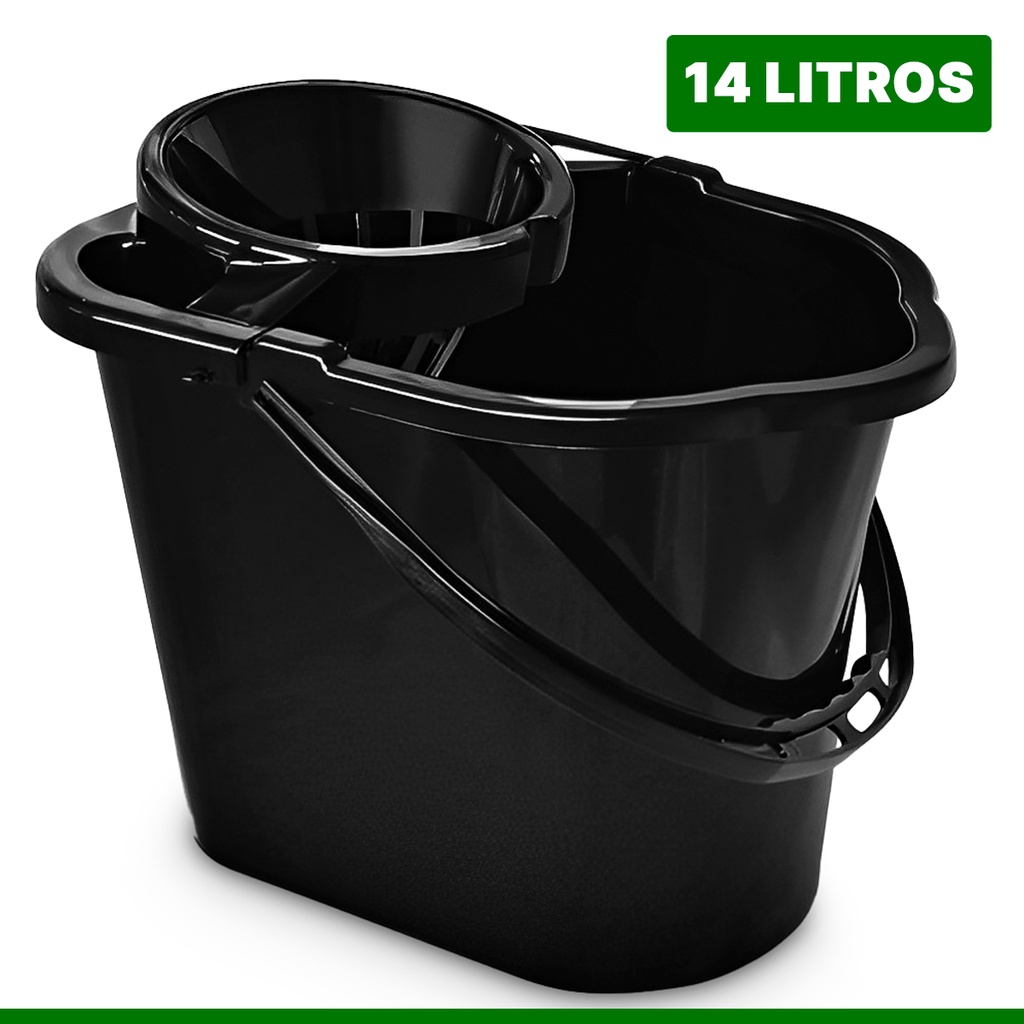 Balde Mop Com Suporte Espremedor Reforçado Multiuso Para Panos Limpeza 14 Litros Preto 25723