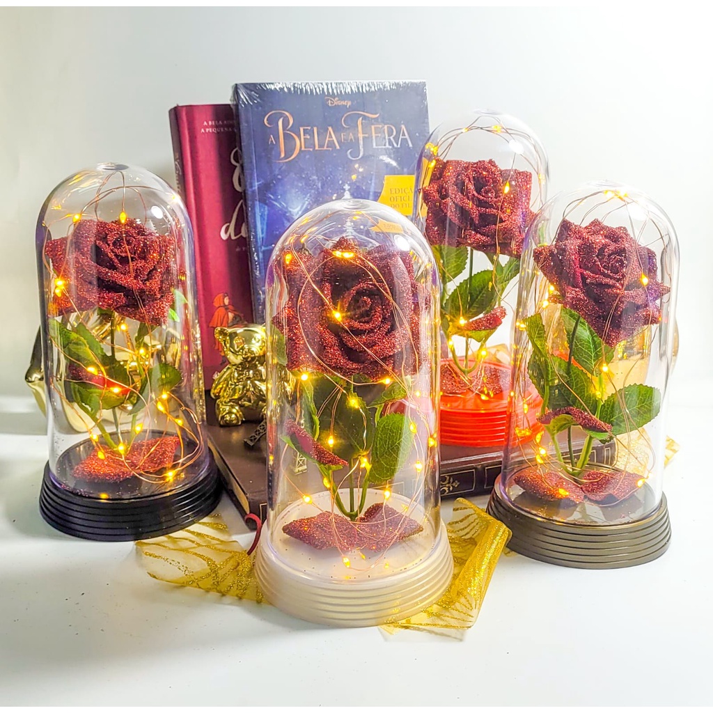 Luminária A Rosa Encantada Brilhante Glamour Vermelho 20 Cm A Bela E A Fera