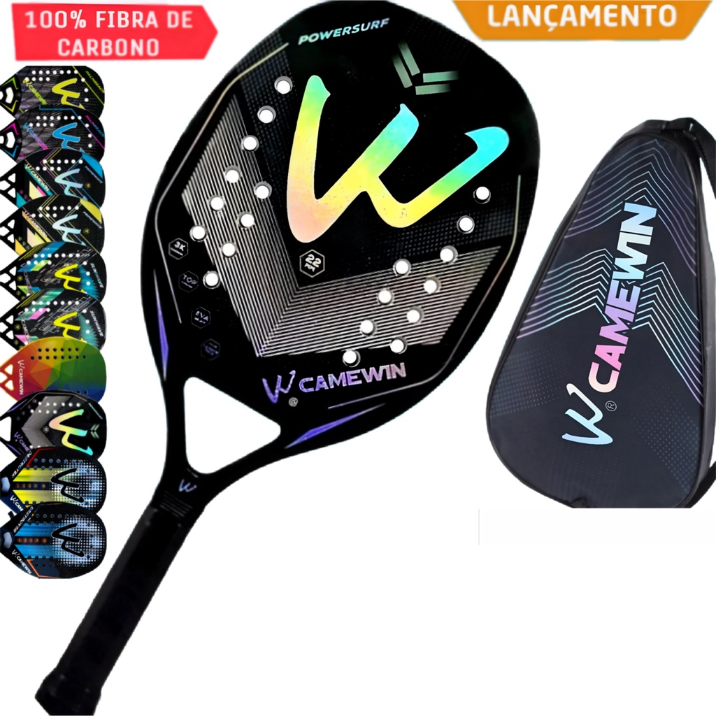 Raquete Beach Tennis Tênis de Praia Completa 100% em Fibra de Carbono 3K Camewin Profissional EVA Soft Com Bolsa